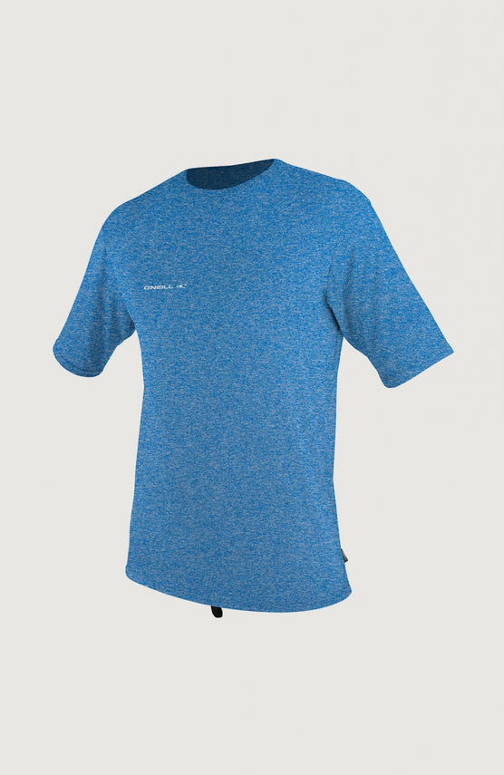 O'Neill Hybrid Skins Short Sleeve Surf Tee für Herren in Blau, freigestellt in Vorderansicht mit dezentem Logo-Print