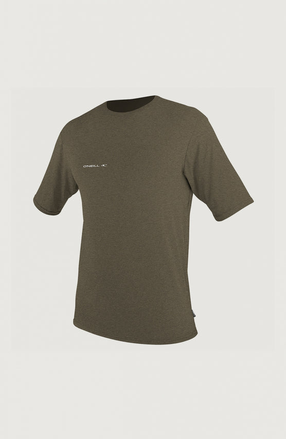 O'Neill Hybrid Skins Short Sleeve Surf Tee für Herren, grün, freigestellt von vorne mit kleinem Logo-Print