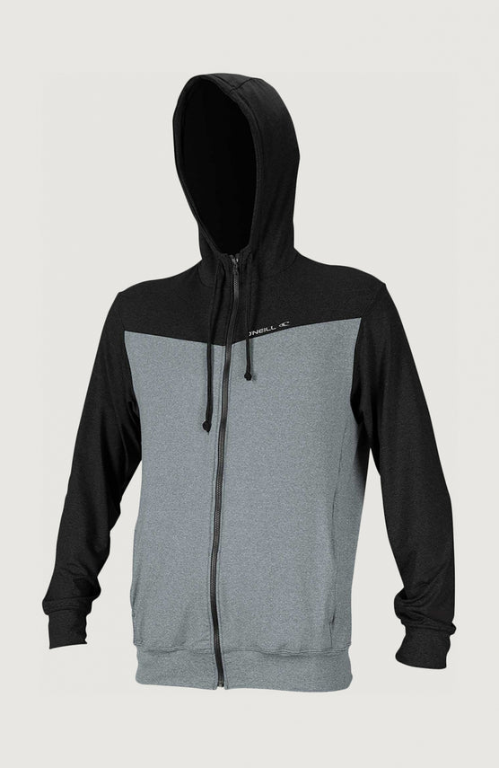 O'Neill Hybrid Zip UV Hoodie für Herren, grau, freigestellt von vorne, mit durchgehendem Reißverschluss