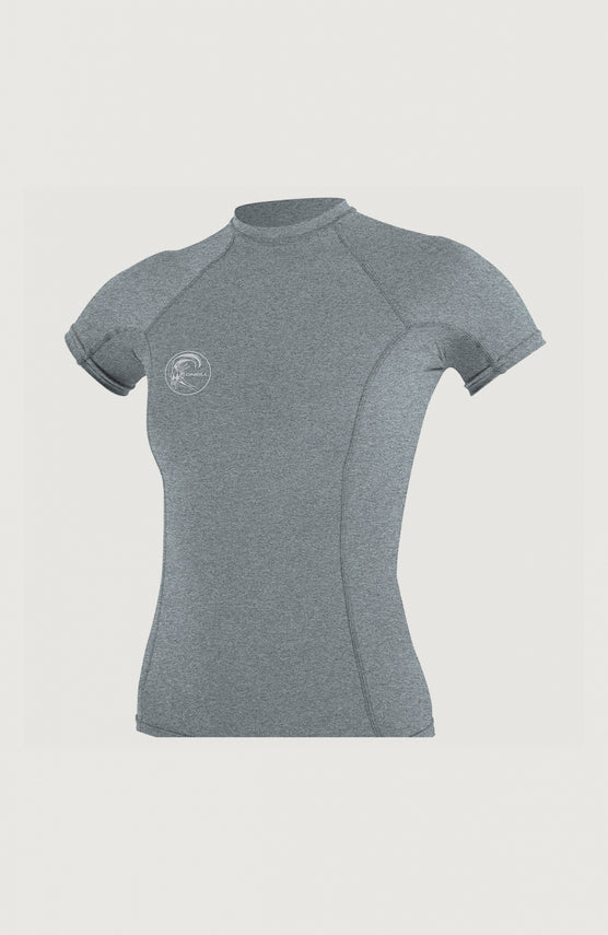 O'Neill Hybrid Skins Short Sleeve Crew Schwimmshirt für Damen, grau, freigestellt von vorne mit Logo-Print