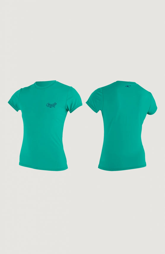 O'Neill Skins Short Sleeve Rash Tee Schwimmshirt für Damen, grün, freigestellt in Vorder- und Rückansicht