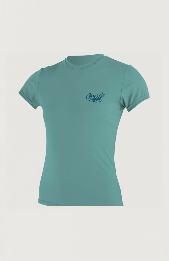 O'Neill Skins Short Sleeve Rash Tee Schwimmshirt für Damen, blau, freigestellt von vorne mit Logo-Schriftzug