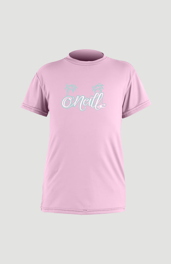 O'Neill Skins Short Sleeve Rash Tee Schwimmshirt für Mädchen, pink mit Logo-Print in Türkis und Weiß, Vorderansicht