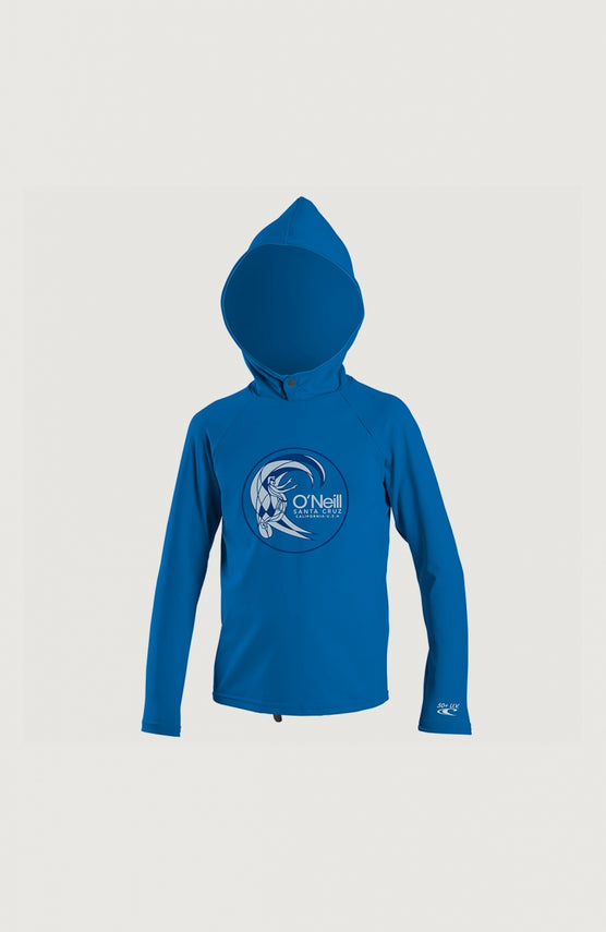 O'Neill Skins Hoodie für Jungen, blau mit Logo-Print in Weiß, freigestellt von vorne mit aufgesetzter Kapuze