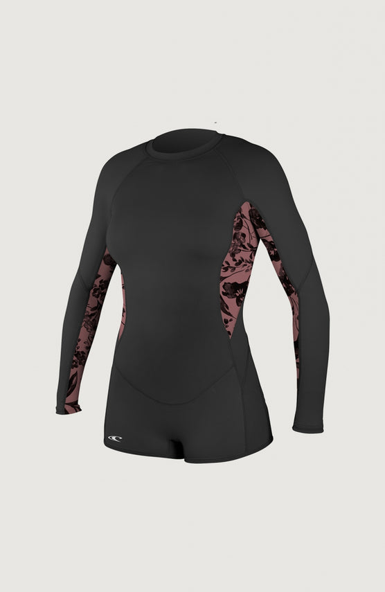 O'Neill Skins Long Sleeve Surf Suit Surfanzug für Damen, schwarz mit Blumenmuster in Rosa, Ansicht von vorne