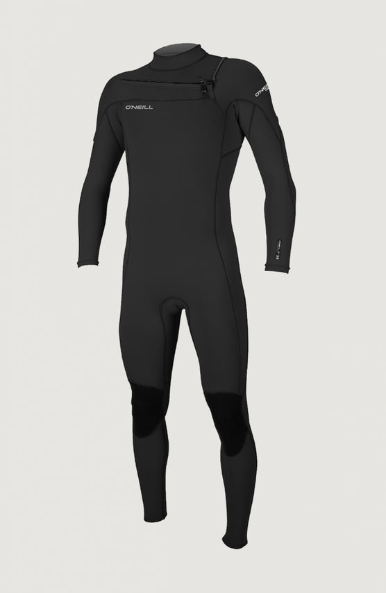 O'Neill Hammer 3/2 Chest Zip Full Neoprenanzug für Herren, schwarz, freigestellt von vorne mit kurzem Reißverschluss