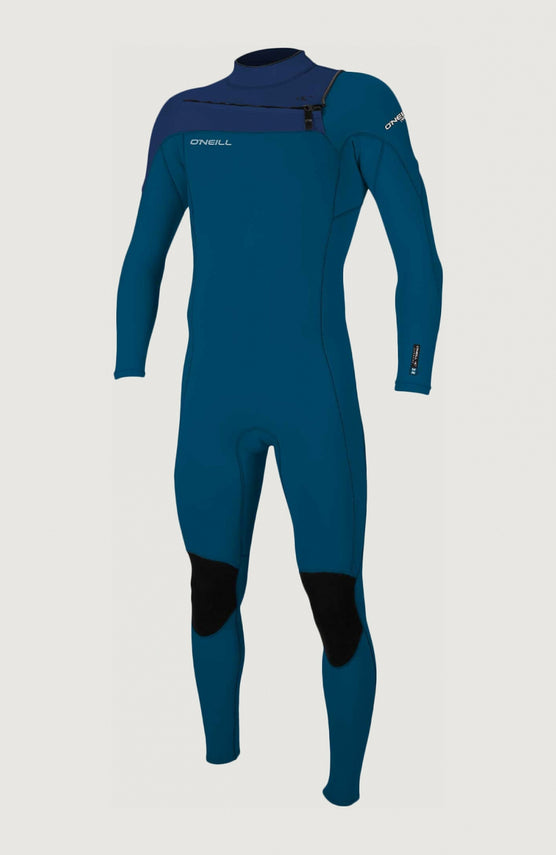 O'Neill Hammer 3/2 Chest Zip Full Neoprenanzug für Herren, blau, freigestellt in der Vorderansicht mit Reißverschluss