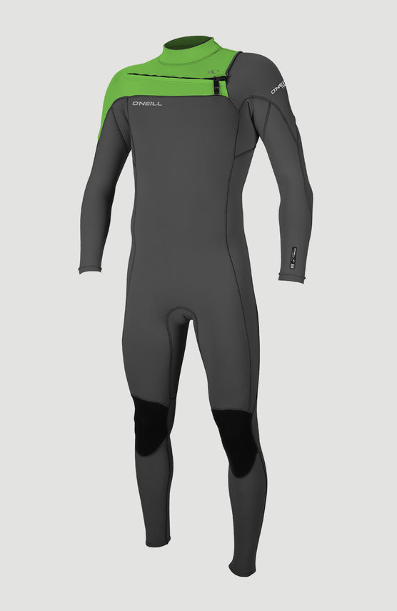O'Neill Hammer 3/2 Chest Zip Full Neoprenanzug für Herren, grau, freigestellt von vorne, grüner Einsatz mit Reißverschluss
