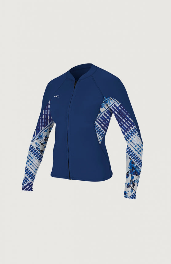 O'Neill Bahia 1/0.5mm Full Zip Neoprene Jacket für Damen, blaue Neoprenjacke mit Blumenmuster in Weiß, freigestellt