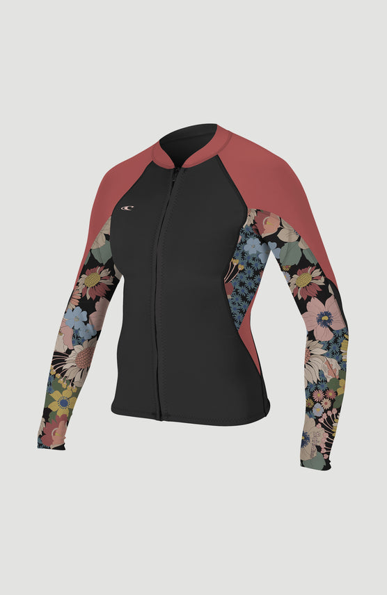O'Neill Bahia 1/0.5mm Full Zip Neoprene Jacket für Damen, schwarze Neoprenjacke mit Blumenmuster in Rosa, Vorderansicht