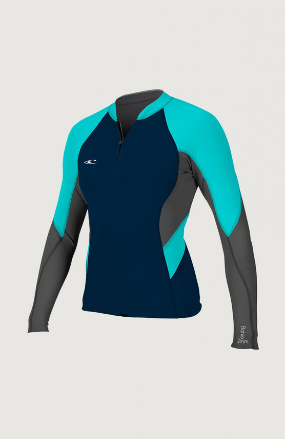 O'Neill Bahia 1/0.5mm Front Zip Neoprene Jacket Neoprenjacke für Damen, grau, freigestellt in der Vorderansicht