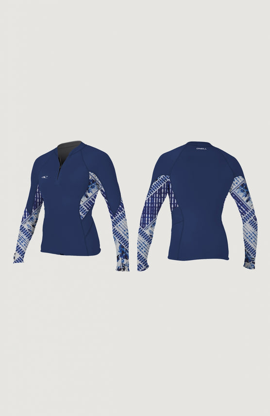 O'Neill Bahia 1/0.5mm Front Zip Neoprene Jacket für Damen, blau mit Muster in Weiß, freigestellt von vorne und hinten