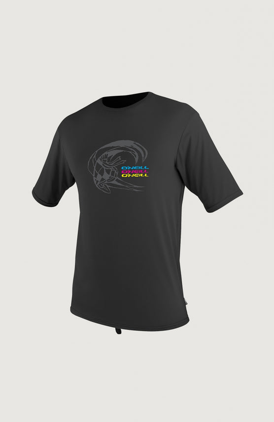 O'Neill Skins Graphic Short Sleeve Rash Tee Schwimmshirt für Herren, schwarz mit Grafik-Print in Blau und Pink, Vorderansicht