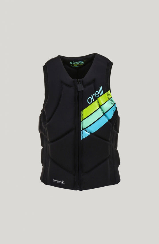 O'Neill Slasher Competition Vest Prallschutzweste für Damen, schwarz mit Streifenmuster in Grün und Türkis, Vorderansicht