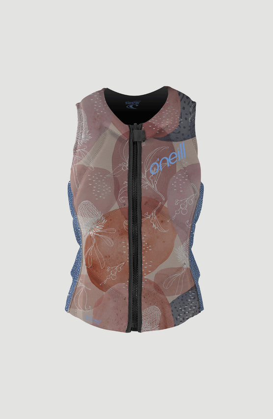 O'Neill Slasher Competition Vest Weste für Damen, blau mit Blumenmuster in Rosa und Weiß, freigestellt von vorne