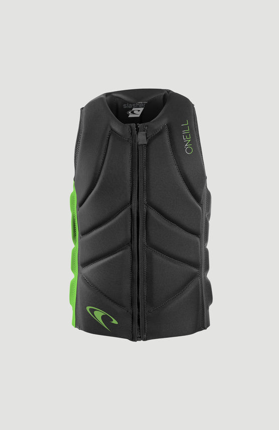 O'Neill Slasher Competition Vest Prallschutzweste für Jungen, schwarz mit Logo-Print in Grün, Vorderansicht