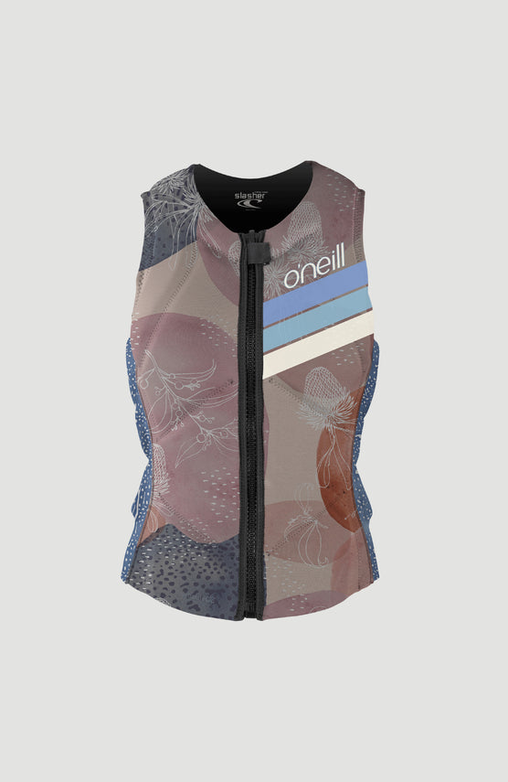 O'Neill Slasher Comp Vest Girls Prallschutzweste für Mädchen, blau mit Blumenmuster, freigestellt von vorne