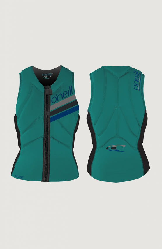 O'Neill Slasher Kite Vest Prallschutzweste für Damen, grün mit Streifenmuster in Grau und Blau, Vorder- und Rückansicht