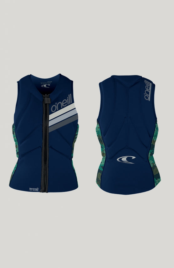 O'Neill Slasher Kite Vest Prallschutzweste für Damen, blau mit Blättermuster in Grün, freigestellt von vorne und hinten