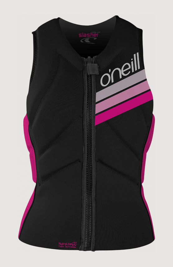 O'Neill Slasher Kite Vest Prallschutzweste für Damen, schwarz mit Streifenmuster in Pink und Rosa, Vorderansicht