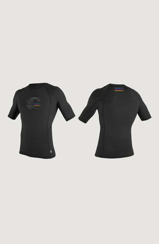 O'Neill Skins Graphic Short Sleeve Crew Schwimmshirt für Herren, schwarz mit Logo-Print, freigestellt von vorne und hinten