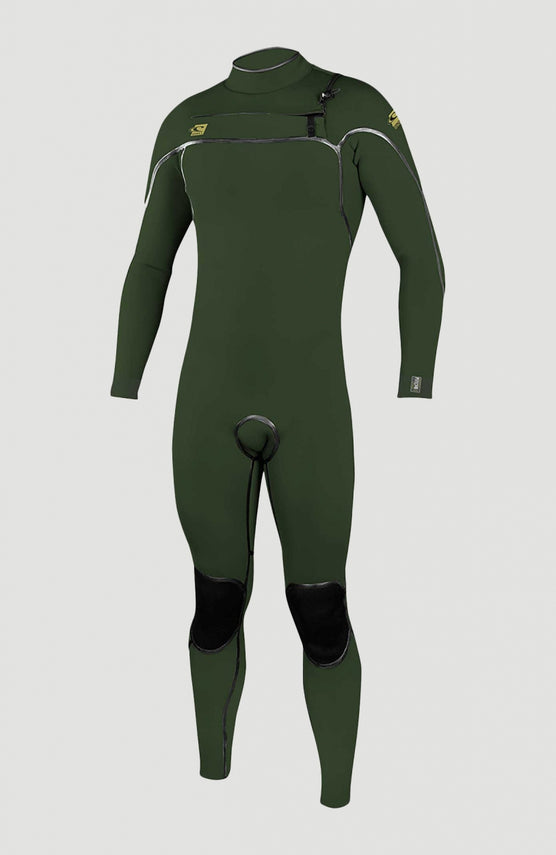 O'Neill Psycho One Chest Zip 4/3mm Full Wetsuit Neoprenanzug für Herren, grün, freigestellt von vorne