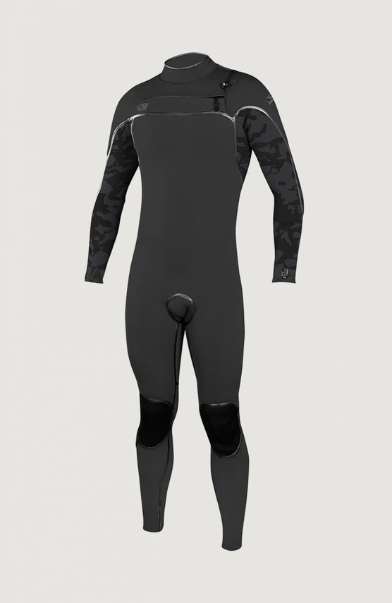 O'Neill Psycho One Chest Zip 5/4mm Full Wetsuit Neoprenanzug für Herren, grau mit Camouflage-Muster in Schwarz, Vorderansicht