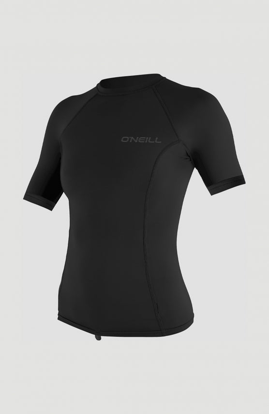 O'Neill Thermo-X Shortsleeve Top für Damen, schwarz, freigestellt von vorne mit Raglanärmeln und Logo-Print