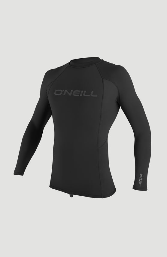O'Neill Thermo-X Long Sleeve Crew Schwimmshirt für Herren, schwarz, freigestellt von vorne mit Logo-Print