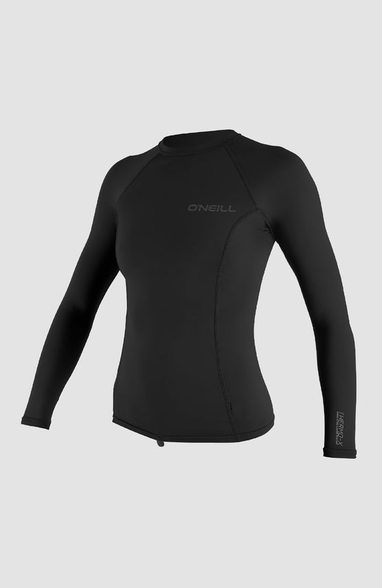 O'Neill Thermo-X Long Sleeve Crew Schwimmshirt für Damen, schwarz, Vorderansicht, freigestellt auf neutralem Grund
