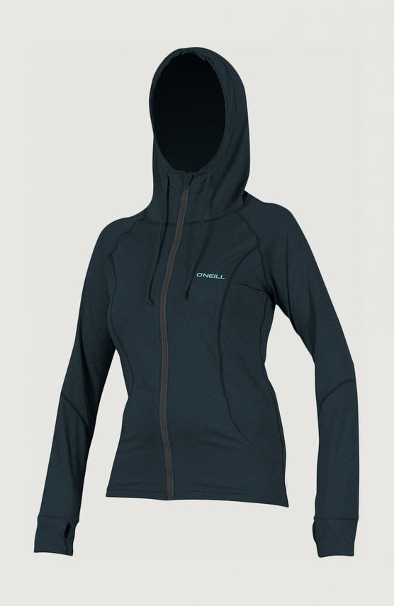 O'Neill Hybrid Long Sleeve Zip UV Hoodie für Damen, schwarz, freigestellt von vorne mit Reißverschluss