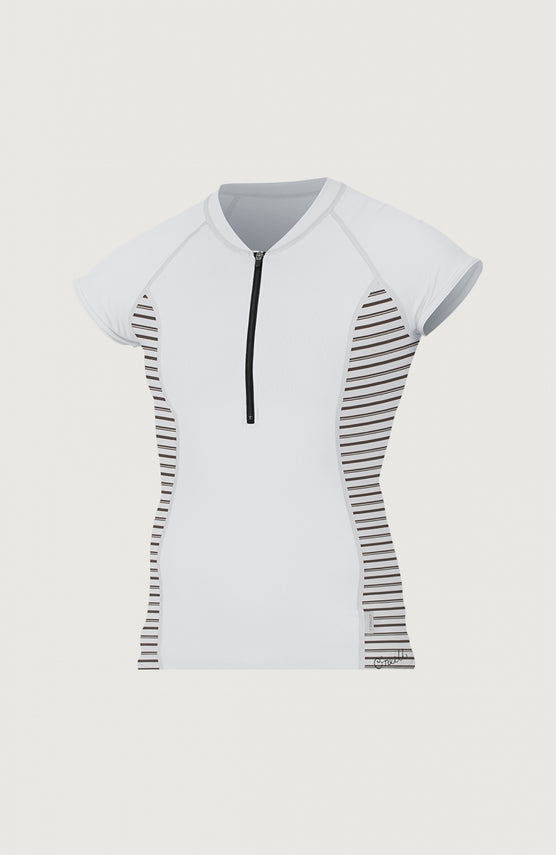 O'Neill Skins Front-Zip Cap Sleeve UV Shirt Schwimmshirt für Damen, weiß mit Streifenmuster in Schwarz, Vorderansicht