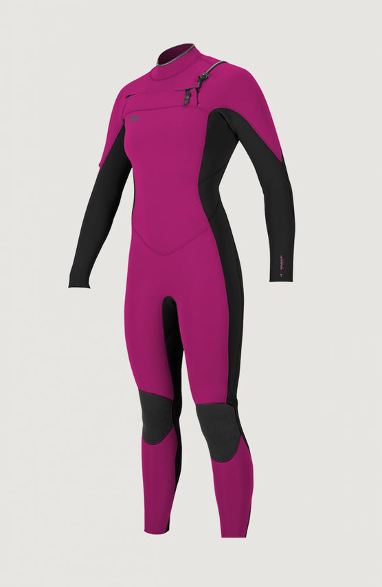 O'Neill Hyperfreak 3/2mm Chest Zip Full Wetsuit Neoprenanzug für Damen, pink, freigestellt von vorne mit Reißverschluss
