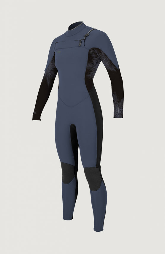 O'Neill Hyperfreak 5/4mm Chest Zip Full Wetsuit Neoprenanzug für Damen, grün mit Palmenmuster in Schwarz, Vorderansicht