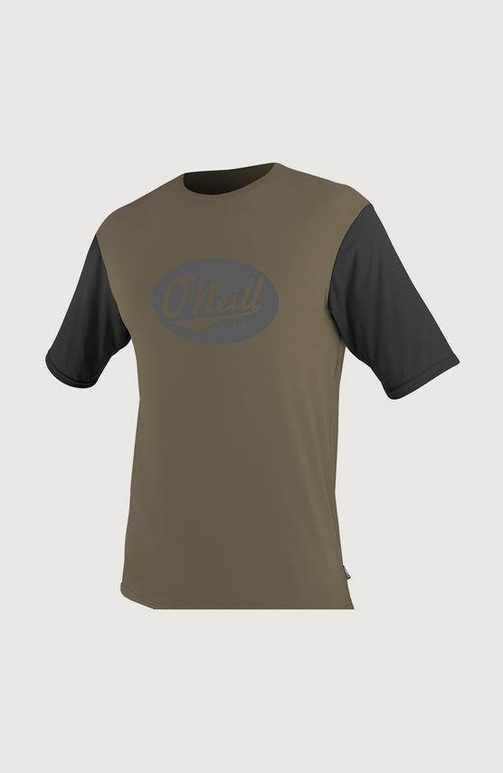 O'Neill Premium Skins Graphic Short Sleeve Rash Guard Schwimmshirt für Herren, beige, Logo-Print in Schwarz, Vorderansicht