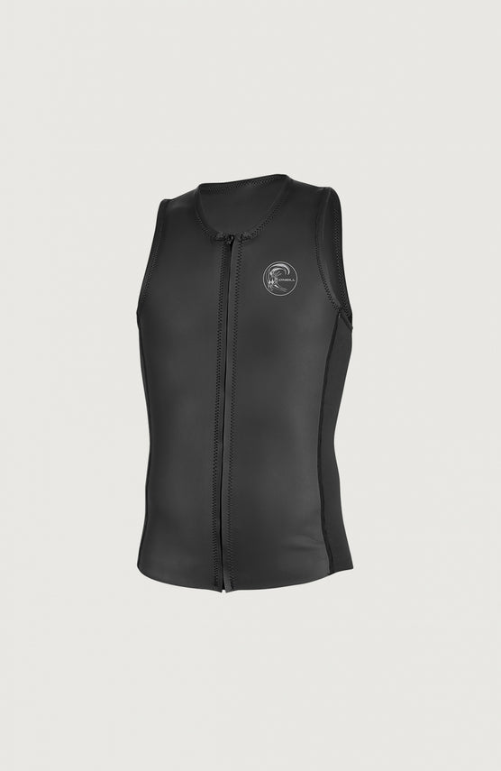 O'Neill O'Riginal 2mm Full Zip Vest für Herren, schwarze Weste, freigestellt von vorne mit Reißverschluss