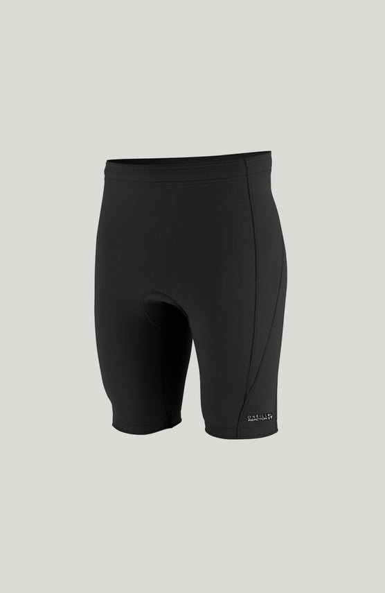 O'Neill Reactor-2 1.5mm Short Neoprenshorts für Herren, schwarz, freigestellt von vorne mit Logo-Print am Saum