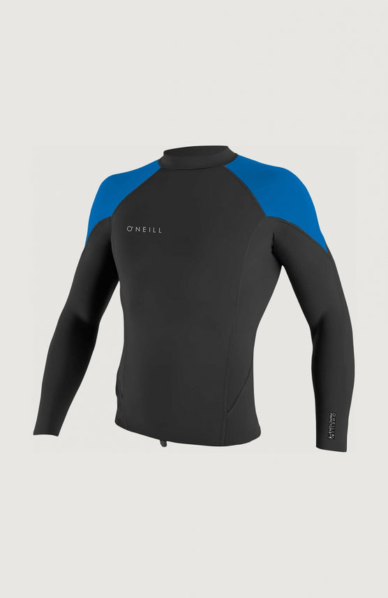 O'Neill Reactor-2 2mm Longsleeve Top Schwimmshirt für Jungen, schwarz, freigestellt von vorne mit blauem Farbeinsatz