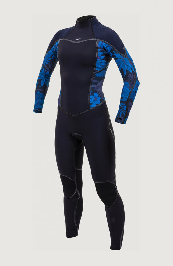 O'Neill Psycho One 3/2mm Back Zip Full Wetsuit Neoprenanzug für Damen, schwarz mit Blumenmuster in Blau, freigestellt