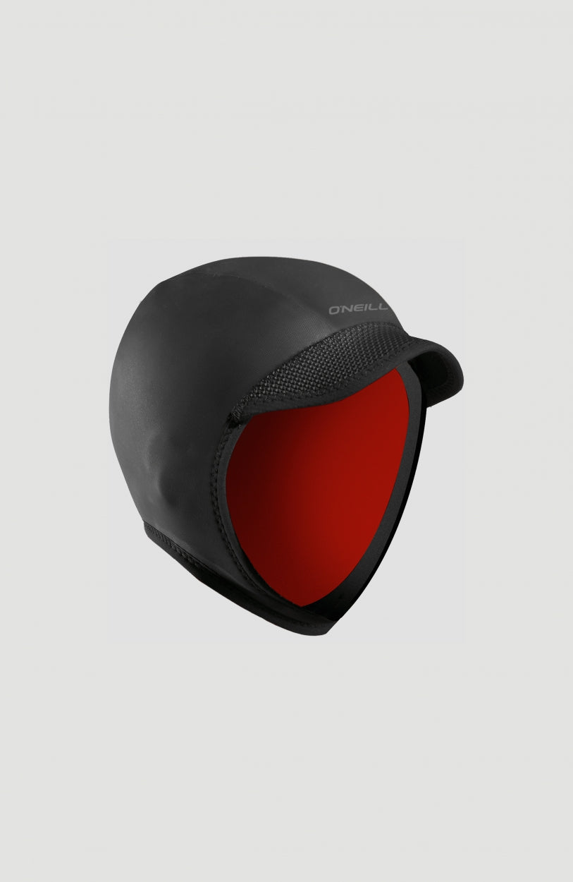 O'Neill Squid Lid 3mm Neoprenhaube für Herren in Schwarz, freigestellt in Schrägansicht mit Schirm und rotem Futter