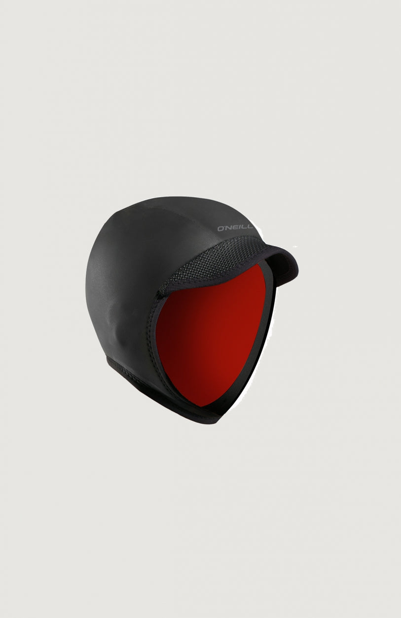 Squid Lid 3mm Neoprenhaube für Herren, schwarz, freigestellt von der Seite mit grauem Logo-Print über dem Schirm