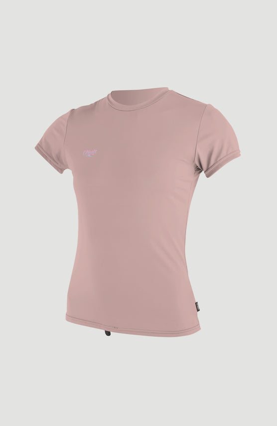O'Neill Premium Skins Short Sleeve UV Shirt Schwimmshirt für Mädchen, altrosa, freigestellt in Schrägansicht von vorne