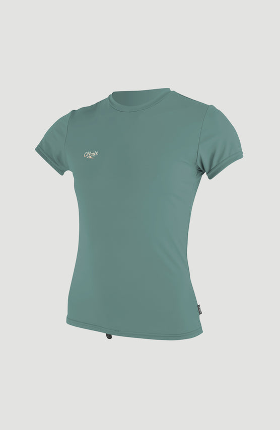 O'Neill Premium Skins Short Sleeve UV Shirt Schwimmshirt für Mädchen, grün, freigestellt von vorne, Rundhalsausschnitt