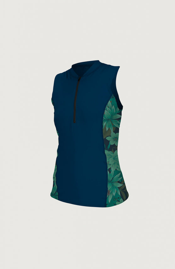 O'Neill Skins Front-Zip Cap Sleeve UV Shirt für Damen, blau mit Blumenmuster in Grün, freigestellt von vorne