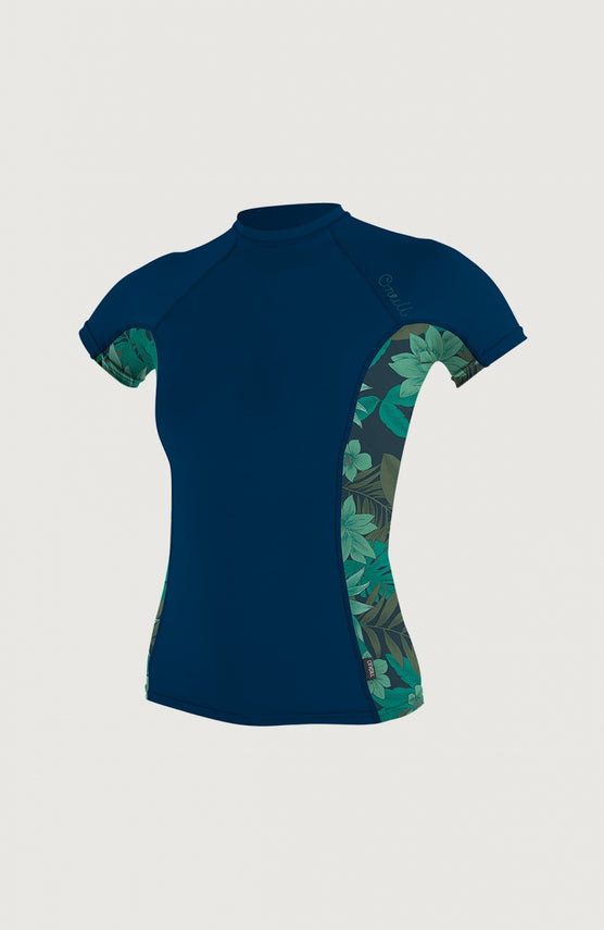 O'Neill Skins Side Print Short Sleeve Rash Guard Womens für Damen, blau mit Blumenmuster in Grün, Vorderansicht