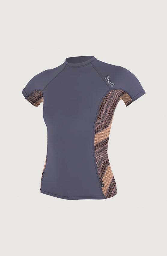 O'Neill Skins Side Print Short Sleeve Rash Guard Womens Schwimmshirt für Damen, blau mit Grafikmuster, freigestellt