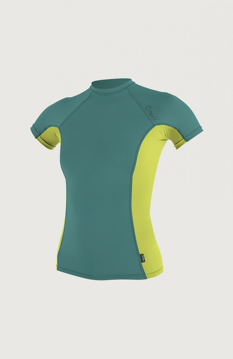 O'Neill Skins Side Print Short Sleeve Rash Guard Womens Schwimmshirt für Damen, grün, freigestellt von vorne