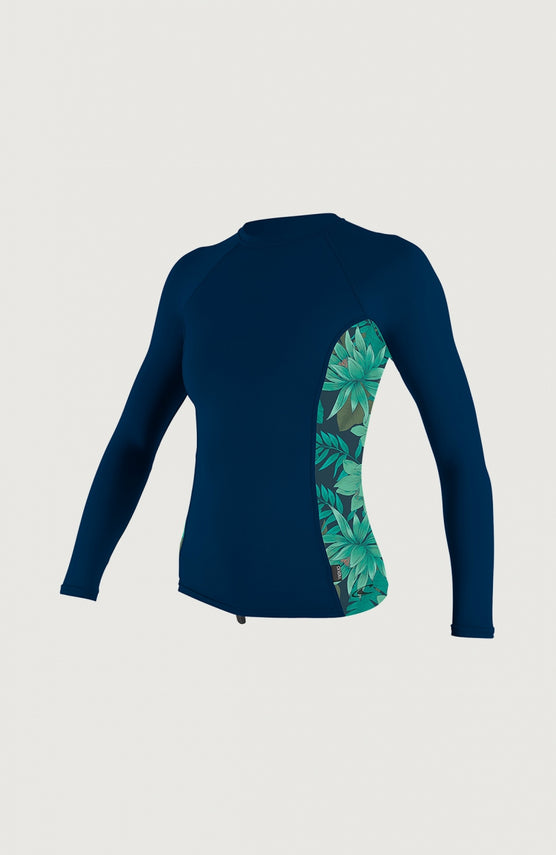 O'Neill Skins Side Print Long Sleeve Rash Guard Schwimmshirt für Damen, blau mit Blumenmuster in Grün, Vorderansicht