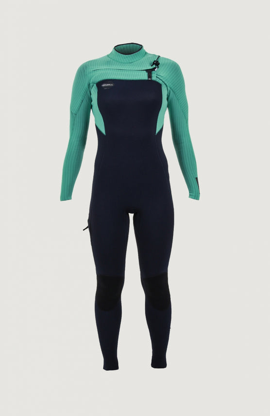 O'Neill Hyperfreak 3/2mm Chest Zip Full Wetsuit Neoprenanzug für Damen in Blau, freigestellt von vorne