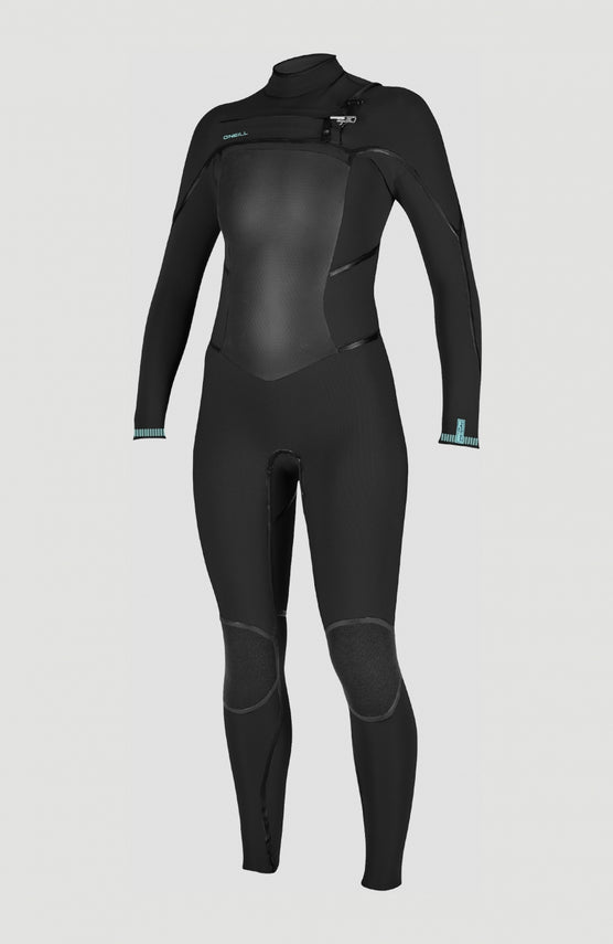 O'Neill Psycho Tech 4/3mm Chest Zip Full Wetsuit für Damen, schwarz, freigestellt in der Vorderansicht